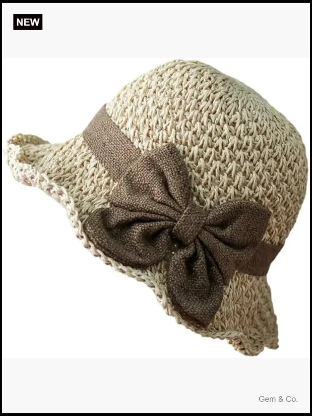 Woven Straw Sun Hat with Bow Wide Brim Packable Travel Bucket Hat